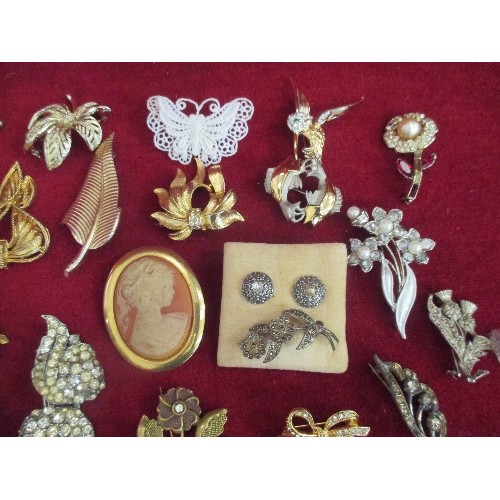 143 - SELECTION  OF COSTUME JEWELLERY, SOME VINTAGE INCLUDING A MOTHER OF PEARL LEAF BROOCH, MARCASITE BRO... 