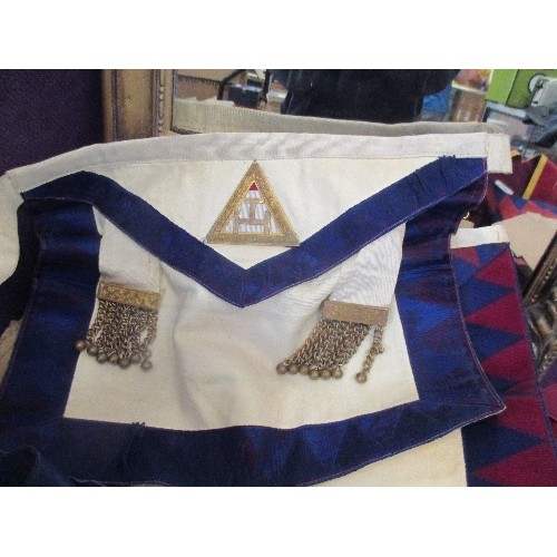 137 - A BOX OF MASONIC REGALIA - 20TH CENTURY INCLUDING FIVE APRONS, SOME IN LEATHER BY TOYE AND CO, AND F... 