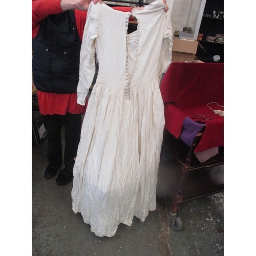 236 - VINTAGE WEDDING DRESS 1949. WITH HAIR BAND OF WAX FLOWERS & NET. THE DRESS IS HAND-MADE IVORY SATIN ... 