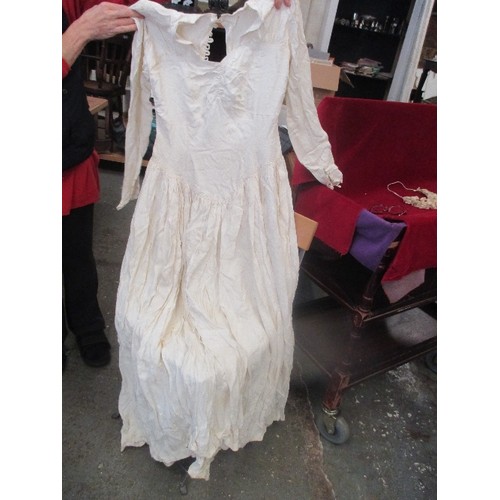 236 - VINTAGE WEDDING DRESS 1949. WITH HAIR BAND OF WAX FLOWERS & NET. THE DRESS IS HAND-MADE IVORY SATIN ... 