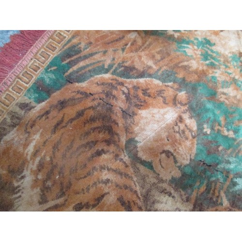 258 - VINTAGE CHENILLE TAPESTRY RUG OR WALL HANGING WITH RED FRINGE - DEPICTING TIGERS - APPROX 6 FT X 4 F... 