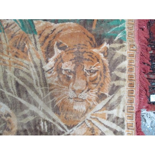 258 - VINTAGE CHENILLE TAPESTRY RUG OR WALL HANGING WITH RED FRINGE - DEPICTING TIGERS - APPROX 6 FT X 4 F... 