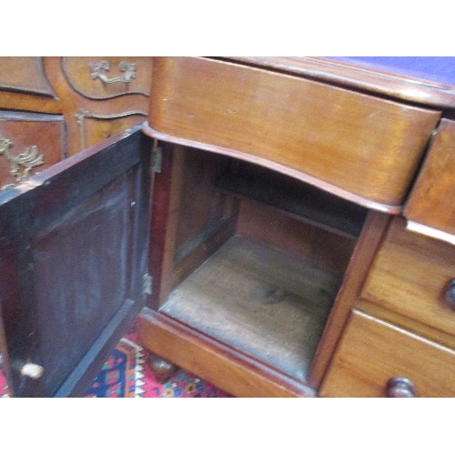 247 - A LARGE VICTORIAN MAHOGANY SIDEBOARD, THE TOP THREE DRAWERS WITH SERPENTINE DRAWER FRONTS OVER TWO F... 