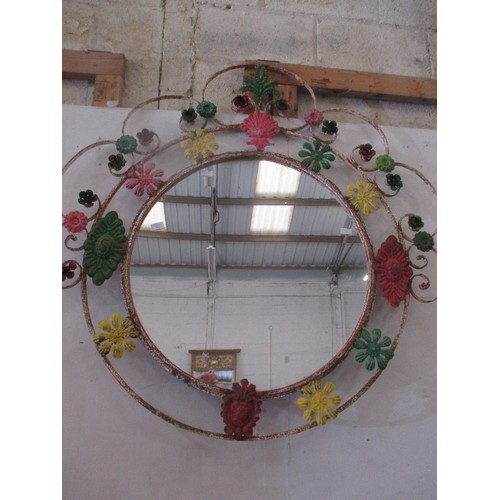 215 - LARGE DECORATIVE WROUGHT IRON CIRCULAR WALL MIRROR WITH FLOWERS AND LEAVES - 120CM W X 128CM H