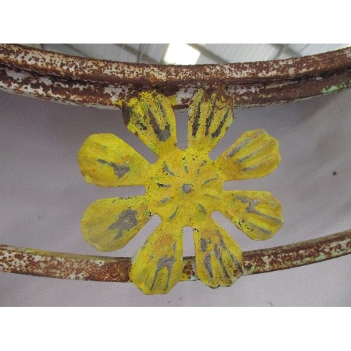 215 - LARGE DECORATIVE WROUGHT IRON CIRCULAR WALL MIRROR WITH FLOWERS AND LEAVES - 120CM W X 128CM H