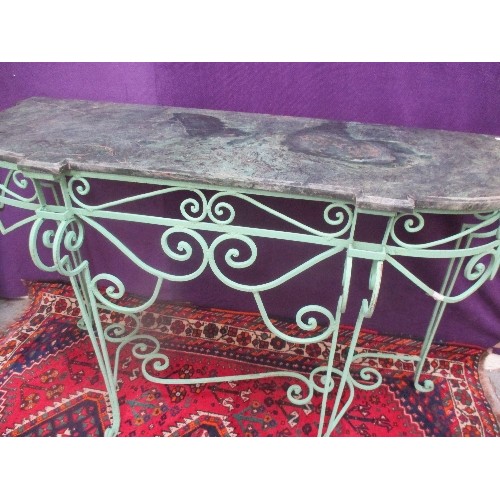 254 - VERY LARGE WROUGHT IRON CONSOLE SIDE TABLE PAINTED IN A DISTRESSED GREEN, WITH A DARK GREEN / GREY M... 