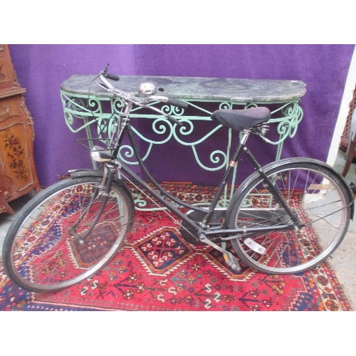 254 - VERY LARGE WROUGHT IRON CONSOLE SIDE TABLE PAINTED IN A DISTRESSED GREEN, WITH A DARK GREEN / GREY M... 