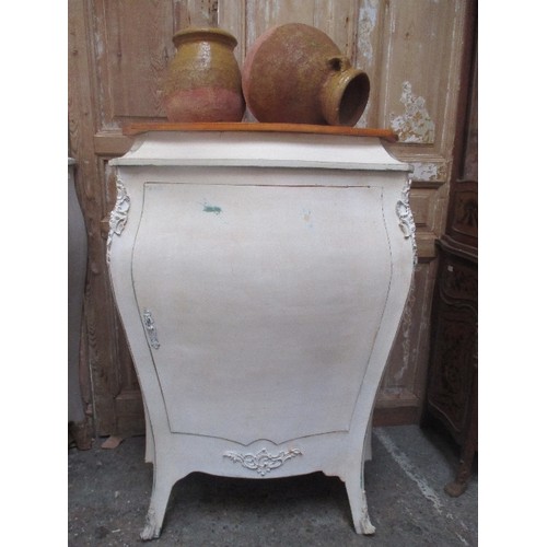 453 - FRENCH STYLE CREAM PAINTED BOMBE SHAPED COMMODE CUPBOARD WITH CAST METAL DETAIL - RUSTIC PINE TOP - ... 