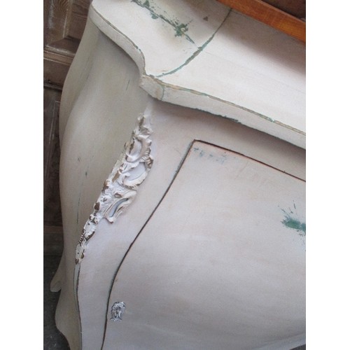 453 - FRENCH STYLE CREAM PAINTED BOMBE SHAPED COMMODE CUPBOARD WITH CAST METAL DETAIL - RUSTIC PINE TOP - ... 