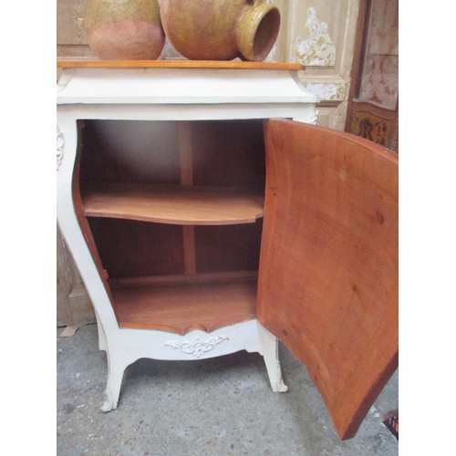 453 - FRENCH STYLE CREAM PAINTED BOMBE SHAPED COMMODE CUPBOARD WITH CAST METAL DETAIL - RUSTIC PINE TOP - ... 