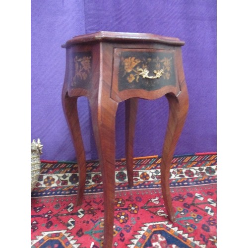 248 - FRENCH LOUIS STYLE SIDE TABLE OR NIGHT STAND - BOMBE SHAPE - WITH DRAWER - PENWORK TYPE DESIGN OF FL... 