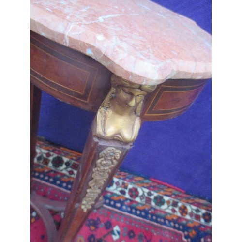 260 - A PIER TABLE IN FRENCH EMPIRE STYLE, BURR WALNUT AND ROSEWOOD VENEER WITH SHAPED MARBLE TOP. THE THR... 