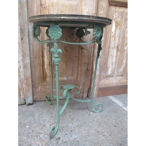 457 - SMALL FRENCH MARBLE TOP WROUGHT IRON CONSERVATORY TABLE- APPLIED FLEUR DE LIS DESIGN ON THE LEGS