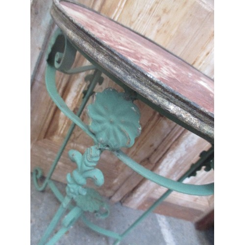 457 - SMALL FRENCH MARBLE TOP WROUGHT IRON CONSERVATORY TABLE- APPLIED FLEUR DE LIS DESIGN ON THE LEGS