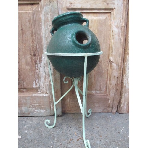 458 - DARK GREEN CERAMIC STRAWBERRY PLANTER IN PALE GREEN WROUGHT IRON STAND