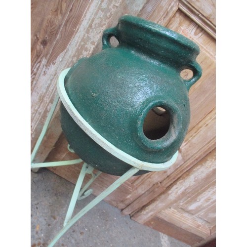 458 - DARK GREEN CERAMIC STRAWBERRY PLANTER IN PALE GREEN WROUGHT IRON STAND