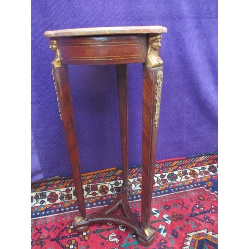 261 - A PIER TABLE IN FRENCH EMPIRE STYLE, BURR WALNUT AND ROSEWOOD VENEER WITH SHAPED MARBLE TOP. THE THR... 