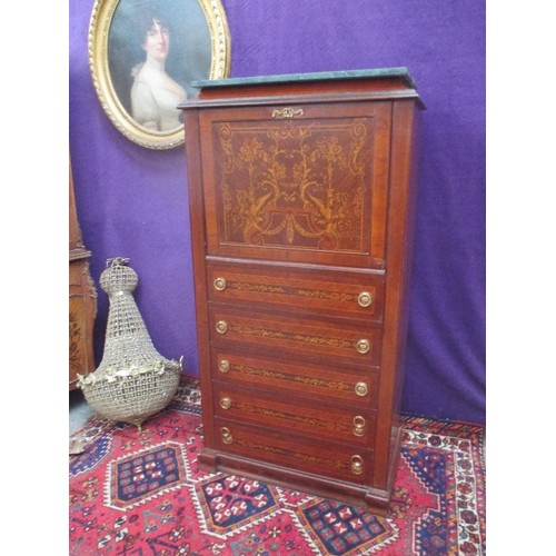 459 - NAPOLEON STYLE TALL MAHOGANY SECRETAIRE CHEST WITH FALL FRONT 5 DRAWERS AND MARBLE TOP. INTRICATE VE... 