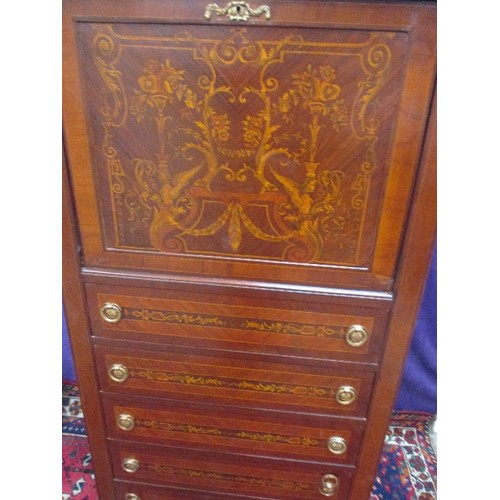 459 - NAPOLEON STYLE TALL MAHOGANY SECRETAIRE CHEST WITH FALL FRONT 5 DRAWERS AND MARBLE TOP. INTRICATE VE... 