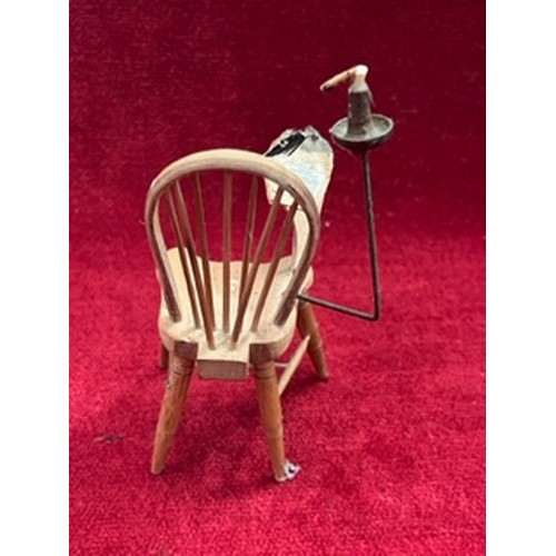 97 - UNUSUAL MINIATURE WINDSOR CHAIR WITH WRITING TABLE ARM, QUILL PEN AND A CANDLE SCONCE - 11CM