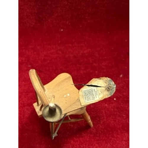 97 - UNUSUAL MINIATURE WINDSOR CHAIR WITH WRITING TABLE ARM, QUILL PEN AND A CANDLE SCONCE - 11CM