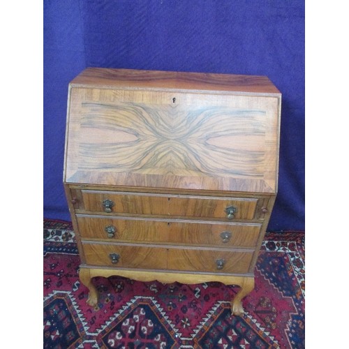 460 - 1930'S WALNUT BUREAU ON BALL & CLAW FEET, THE MAHOGANY INTERIOR WITH PIGEON HOLES, DRAWER AND LEATHE... 