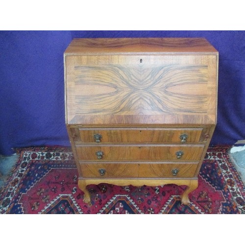 460 - 1930'S WALNUT BUREAU ON BALL & CLAW FEET, THE MAHOGANY INTERIOR WITH PIGEON HOLES, DRAWER AND LEATHE... 