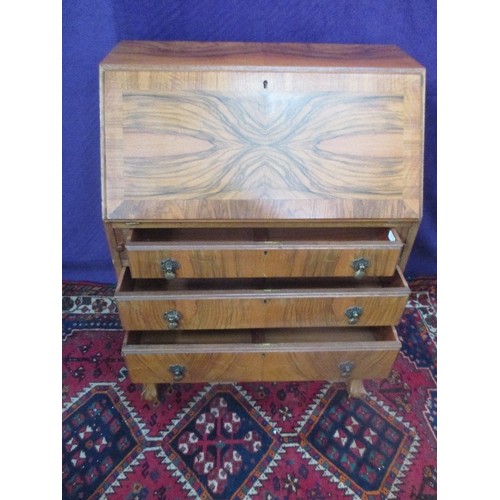 460 - 1930'S WALNUT BUREAU ON BALL & CLAW FEET, THE MAHOGANY INTERIOR WITH PIGEON HOLES, DRAWER AND LEATHE... 