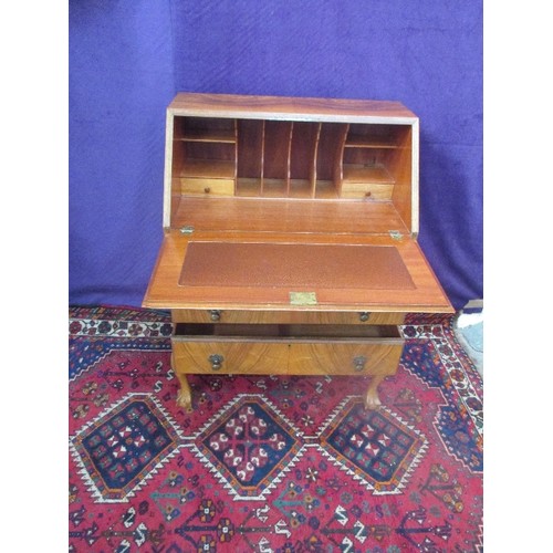 460 - 1930'S WALNUT BUREAU ON BALL & CLAW FEET, THE MAHOGANY INTERIOR WITH PIGEON HOLES, DRAWER AND LEATHE... 