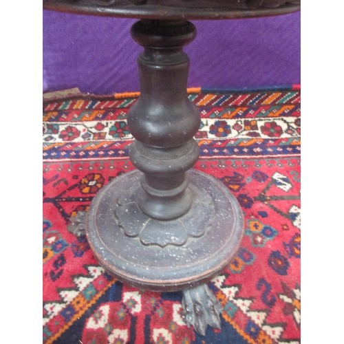 461 - VICTORIAN MAHOGANY PIANO STOOL ON TURNED COLUMN WITH CLAW FEET - LEATHERETTE TOP - REQUIRES ATTENTIO... 