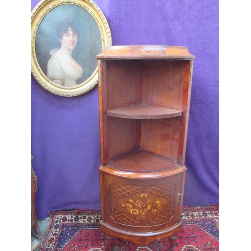 463 - FRENCH STYLE BOW FRONTED CORNER CABINET WITH CUPBOARD BELOW - MARQUETRY INLAY TO THE DOOR IN A BASKE... 