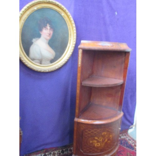 463 - FRENCH STYLE BOW FRONTED CORNER CABINET WITH CUPBOARD BELOW - MARQUETRY INLAY TO THE DOOR IN A BASKE... 