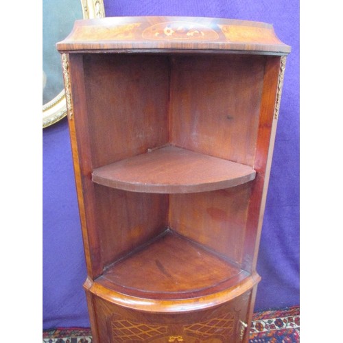 463 - FRENCH STYLE BOW FRONTED CORNER CABINET WITH CUPBOARD BELOW - MARQUETRY INLAY TO THE DOOR IN A BASKE... 