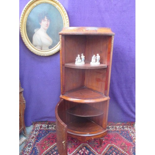 463 - FRENCH STYLE BOW FRONTED CORNER CABINET WITH CUPBOARD BELOW - MARQUETRY INLAY TO THE DOOR IN A BASKE... 