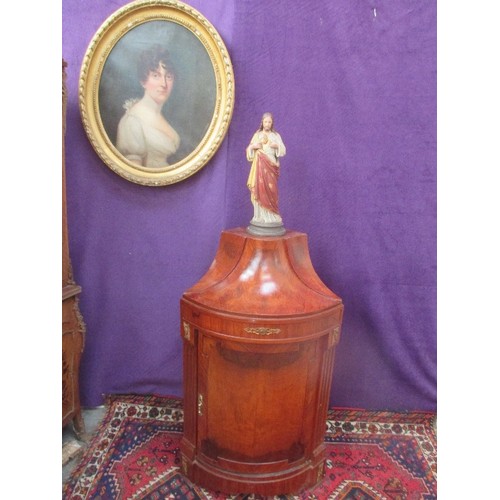 465 - NAPOLEON STYLE MAHOGANY AND ROSEWOOD BOW FRONTED CORNER CUPBOARD. STATUE PLINTH. ORMOLU TYPE MOULDIN... 