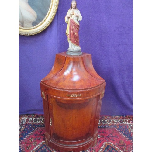 465 - NAPOLEON STYLE MAHOGANY AND ROSEWOOD BOW FRONTED CORNER CUPBOARD. STATUE PLINTH. ORMOLU TYPE MOULDIN... 