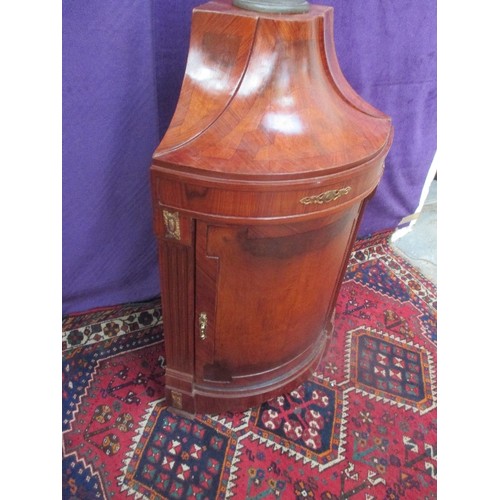 465 - NAPOLEON STYLE MAHOGANY AND ROSEWOOD BOW FRONTED CORNER CUPBOARD. STATUE PLINTH. ORMOLU TYPE MOULDIN... 