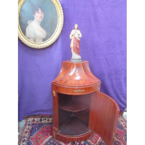 465 - NAPOLEON STYLE MAHOGANY AND ROSEWOOD BOW FRONTED CORNER CUPBOARD. STATUE PLINTH. ORMOLU TYPE MOULDIN... 