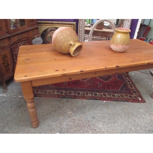 217 - LARGE PINE FARMHOUSE STYLE DINING TABLE ON TURNED LEGS - 216CM X 92CM