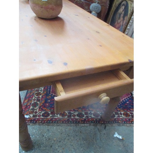 217 - LARGE PINE FARMHOUSE STYLE DINING TABLE ON TURNED LEGS - 216CM X 92CM