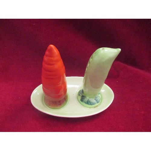 17 - A RETRO CARLTON WARE SALT AND PEPPER IN THE SHAPE OF A PEA POD AND A CARROT -