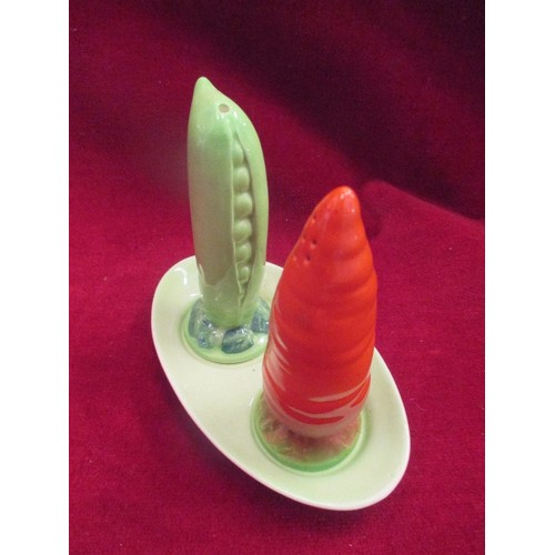 17 - A RETRO CARLTON WARE SALT AND PEPPER IN THE SHAPE OF A PEA POD AND A CARROT -