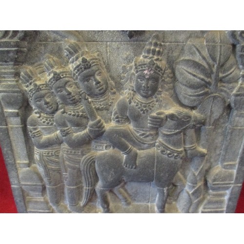 87 - HEAVY COMPOSITION PLAQUE OF LORD YAMA AND HIS CONSORT RIDING ON A WATER BUFFALO - 38CM X 38CM