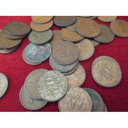 197 - BAG OF HALPENNIES & A FEW FARTHINGS. INCLUDES GEORGE 11 HALF-PENNIES , 1752 & 1724, GEO 11 FARTHINGS... 