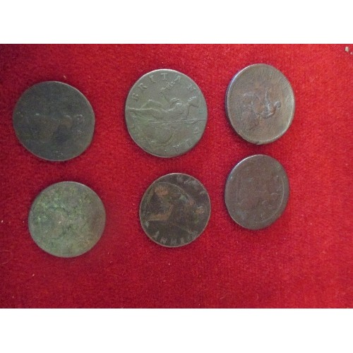 197 - BAG OF HALPENNIES & A FEW FARTHINGS. INCLUDES GEORGE 11 HALF-PENNIES , 1752 & 1724, GEO 11 FARTHINGS... 