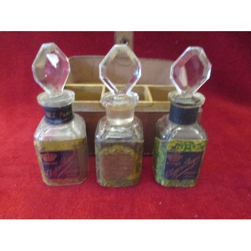 201 - SET OF THREE EARLY 20TH CENTURY FRENCH GLASS SCENT BOTTLES WITH CONTENTS AND STOPPERS:- 