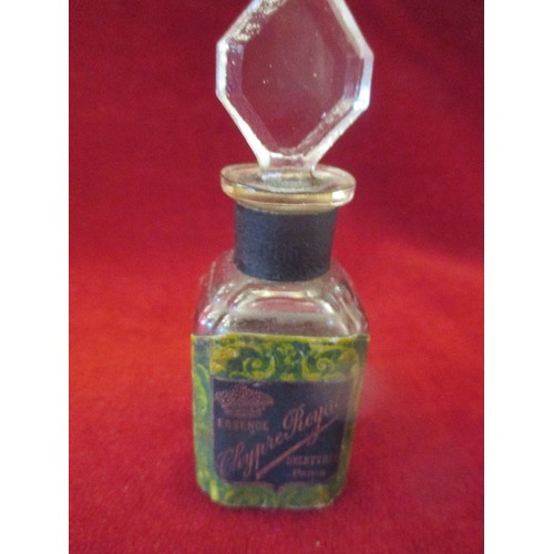 201 - SET OF THREE EARLY 20TH CENTURY FRENCH GLASS SCENT BOTTLES WITH CONTENTS AND STOPPERS:- 