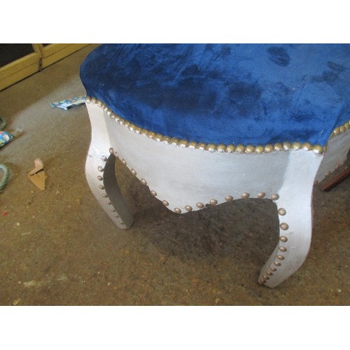 212 - LARGE OTTOMAN STOOL. BLUE VELVET UPHOLSTERY WITH BRASS STUDS - ON CABRIOLE LEGS - 64CM X 64CM X 55CM