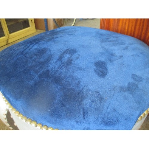 212 - LARGE OTTOMAN STOOL. BLUE VELVET UPHOLSTERY WITH BRASS STUDS - ON CABRIOLE LEGS - 64CM X 64CM X 55CM