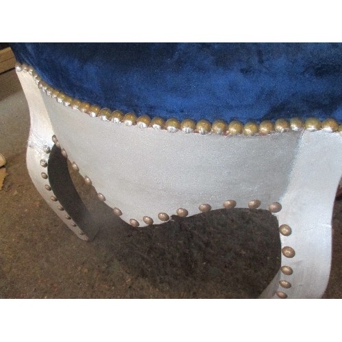 212 - LARGE OTTOMAN STOOL. BLUE VELVET UPHOLSTERY WITH BRASS STUDS - ON CABRIOLE LEGS - 64CM X 64CM X 55CM